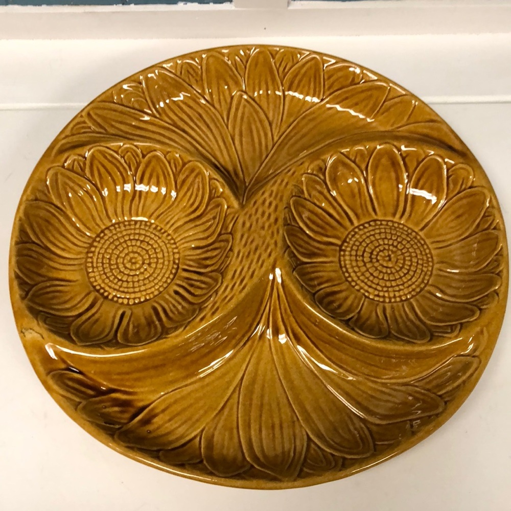 Vtg 13" orange Brown Floral Divided Round Tray Chips &‎ Dip California Pottery